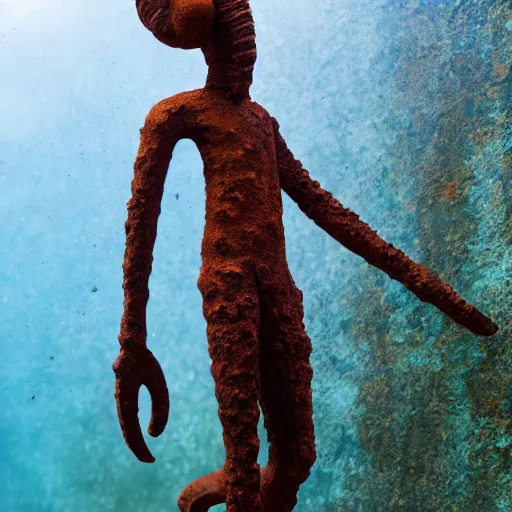 Image similar to rusty statue of handsome squidward in a coreal reef, 4 k