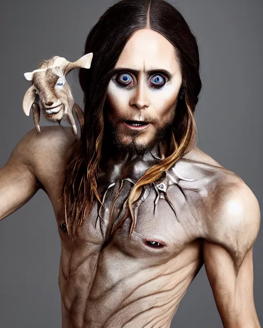 Image similar to Jared Leto in Elaborate Pan Satyr Goat Man Makeup and prosthetics designed by Rick Baker, Hyperreal, Head Shots Photographed in the Style of Annie Leibovitz, Studio Lighting