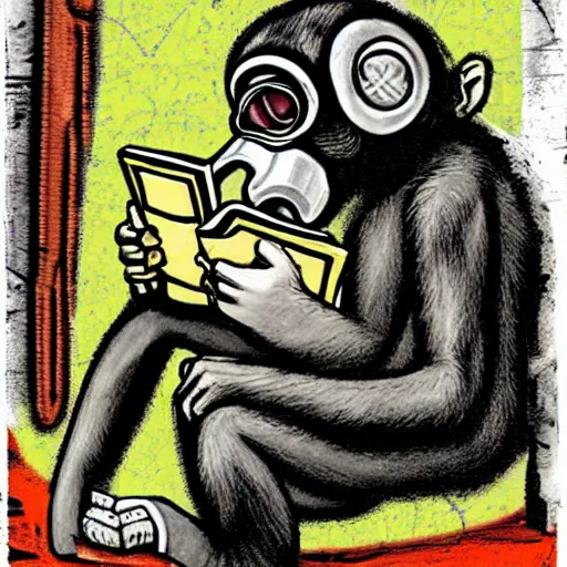 Image similar to a single Monkey reading a book, wearing a gas mask, graffiti, edge to edge, solid color background intricate, highly detailed, smooth, sharp focus, detailed face and body, high contrast