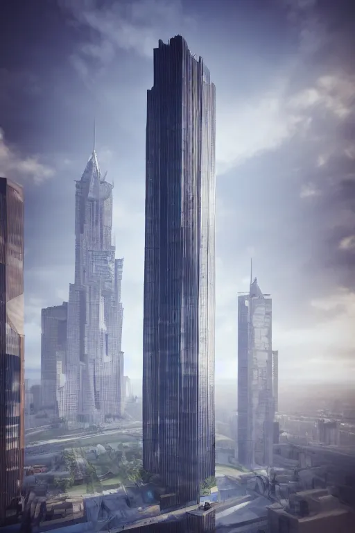 Prompt: a skyscraper wearing a formal overcoat, portait photo profile picture, hyperrealistic concept art, octane render, unreal engine 5, digital art hi