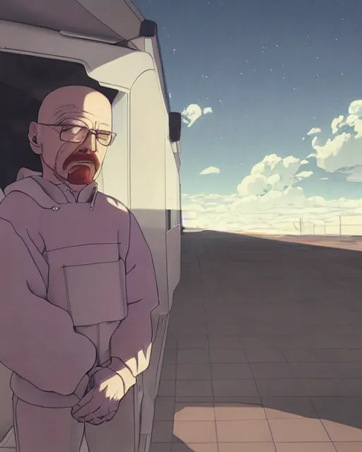 Prompt: walter white, desaturated colors, art by makoto shinkai and alan bean, yukito kishiro