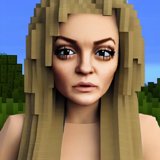 Image similar to a screenshot of lindsay lohan in the video game minecraft. 3 d rendering. unreal engine. amazing likeness. very detailed. cartoon caricature