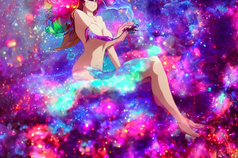 Image similar to psychedelic, full body, whimsical, anime, 4k, beautiful lusty woman blowing smoke, with professional makeup, long trippy hair, a crystal and flower dress, sitting in a reflective pool, surrounded by gems, underneath the stars, rainbow fireflies, trending on patreon, deviantart, twitter, artstation, volumetric lighting, heavy contrast, art style of Ross Tran and Viktoria Gavrilenko and Ilya Kuvshinov