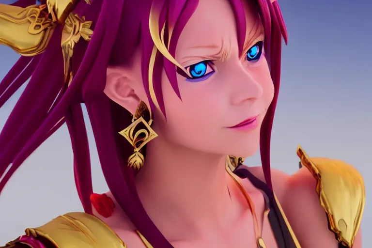 Image similar to character Lina Inverse from anime Slayers (1995 – 2009), rendered in Cinema 4D and Octane and Unreal Engine 5, hyperrealism, full body photogenic shot, digital render, cinematic lighting ornate earrings, 8k resolution, masterpiece work