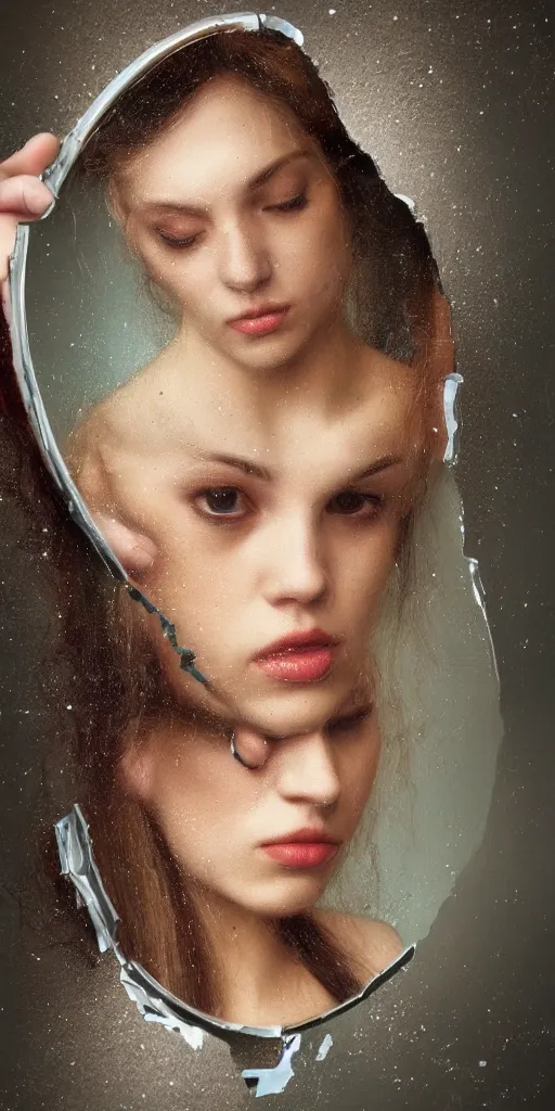 Prompt: a beautiful portrait of a woman reflection in a broken mirror, featured on artstation