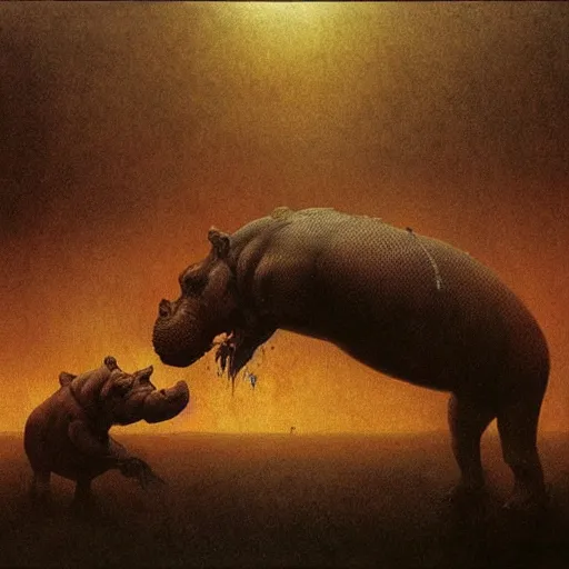 Image similar to hippopotamus, junji ito, beksinski, greg rutkowski, eldritch, horror spooky, cinematic landscape, creepy creature