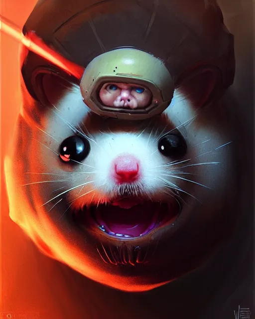 Image similar to wrecking ball the hamster from overwatch, with an evil and crazy look inn her eyes, character portrait, portrait, close up, concept art, intricate details, highly detailed, horror poster, horror, vintage horror art, realistic, terrifying, in the style of michael whelan, beksinski, and gustave dore