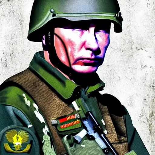 Prompt: putin with firearms, fighting in trenches somewhere in ukraine, highly detailed digital painting