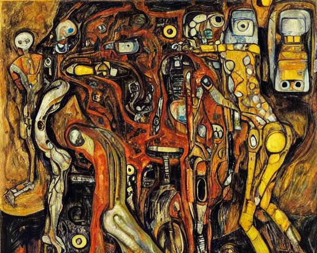 Prompt: a painting of a aliens and robots by graham sutherland, egon schiele, gustav klimt, expressionism