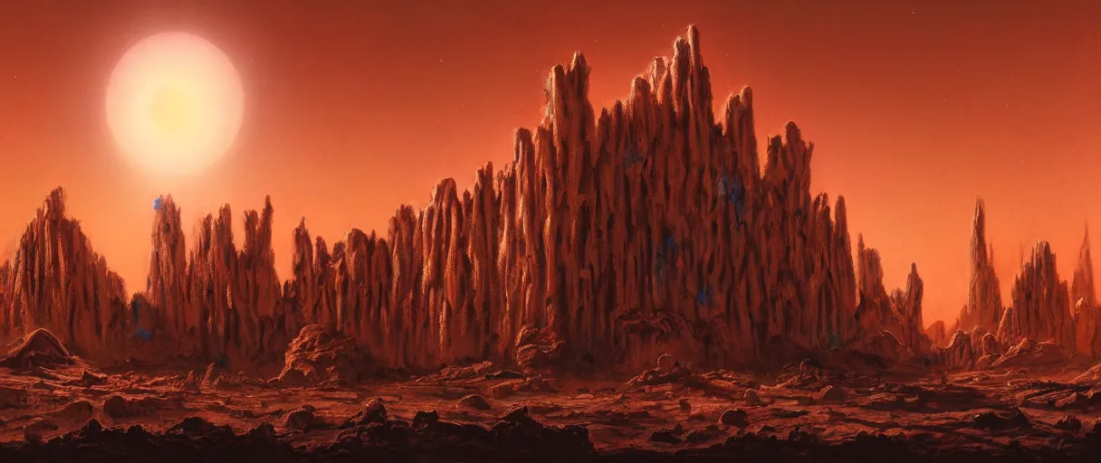 Prompt: hyperrealistic hyper detailed night shot of neo-baroque mars colony with brutalist monuments and giant carnivorous flowers matte painting concept art key sage gustave courbet very dramatic orange and blue lighting high angle hd 8k sharp shallow depth of field