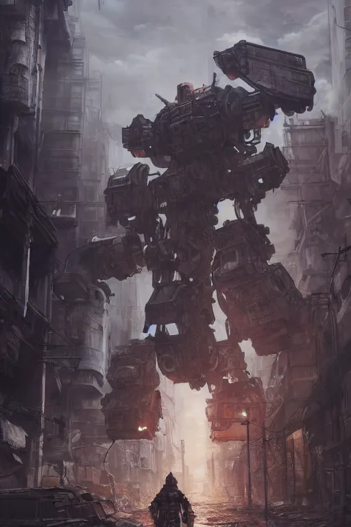 Image similar to ultra realist and ultra intricate detailed soft painting of a large mecha, standing in a post-apocalyptic street, sensual gloomy style, volumetric clouds, artstation, unreal render, depth of field