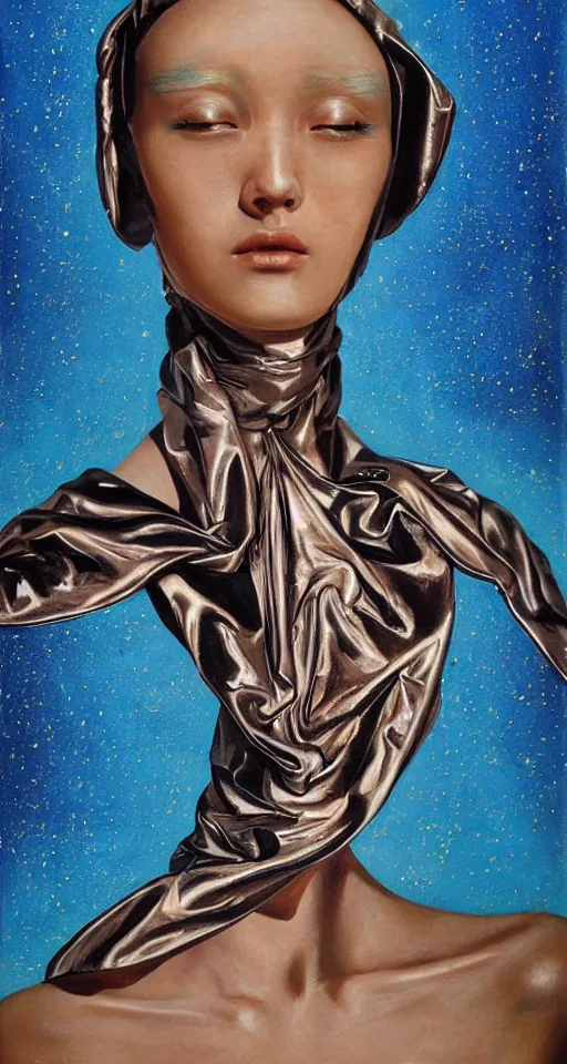 Prompt: hyperrealism oil painting, extreme close-up, portrait of nun fashion model, melted cyborg, ocean pattern mixed with star sky, in style of classicism mixed with 70s japan book art