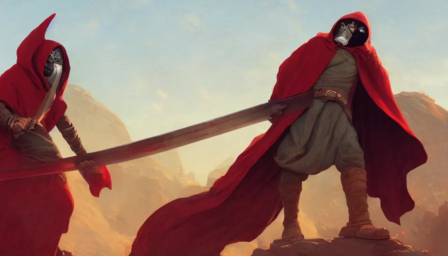 Image similar to no face warrior holding twin swords, levitating sand, full body worn out damaged cape, red hoodie, worn out clothes, by caspar david friedrich by james gilleard and justin gerard, artstation, smooth, sharp focus, by jean baptiste, octane render