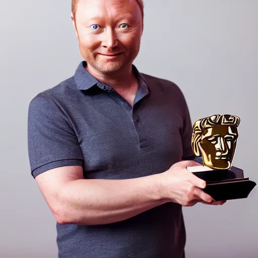 Image similar to limmy brian limond holding bafta award, realistic, long shot, dramatic lighting, hyper realistic, high quality, highly detailed, hd, beautiful, cinematic, 8 k, facial accuracy, symmetrical,