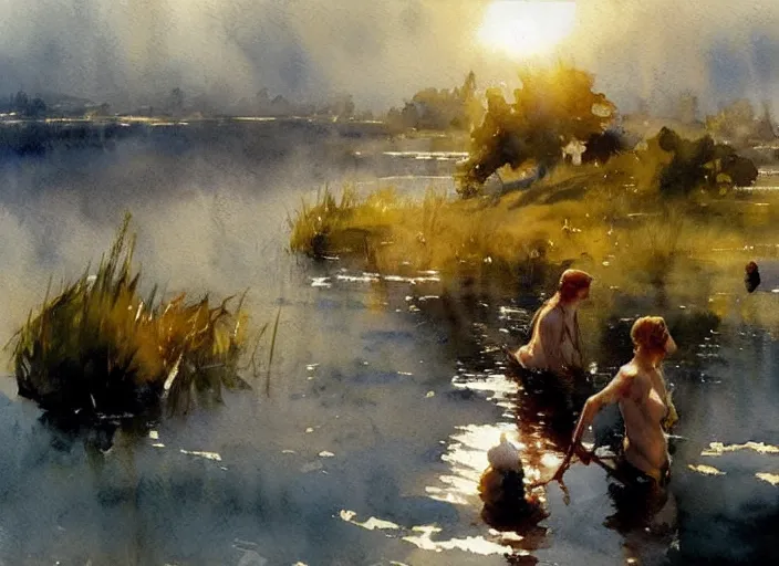 Image similar to watercolor painting of sunny summer day, calm water, art by anders zorn, wonderful masterpiece by greg rutkowski, beautiful cinematic light, american romanticism by greg manchess, creation by tyler edlin, aquarelle