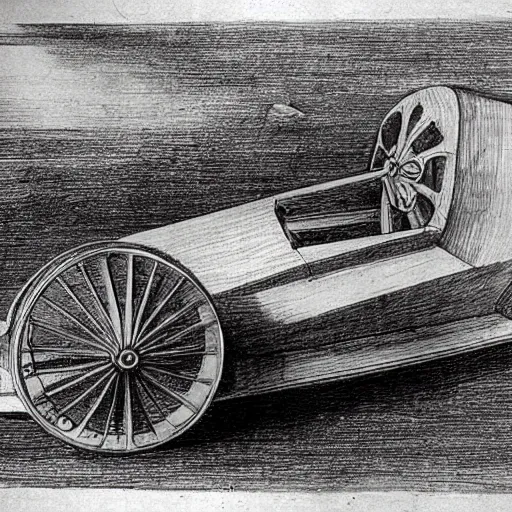 Prompt: a car invented by leonardo da vinci, sketch, in the style of da vinci