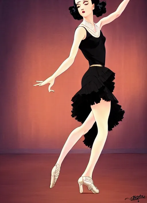 Image similar to a beautiful dancer with black hair in 1930's fashion, ballroom background, intricate, highly detailed, digital painting, artstation, official media, anime key visual, concept art, rich vivid colors, ambient lighting, sharp focus, illustration, art by Artgerm, Makoto Shinkai, Ilya Kuvshinov, Lois Van Baarle, and Rossdraws