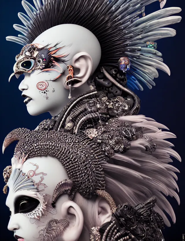 Image similar to 3 d goddess close - up profile portrait punk with mohawk with ram skull. beautiful intricately detailed japanese crow kitsune mask and clasical japanese kimono. betta fish, jellyfish phoenix, bio luminescent, plasma, ice, water, wind, creature, artwork by tooth wu and wlop and beeple and greg rutkowski