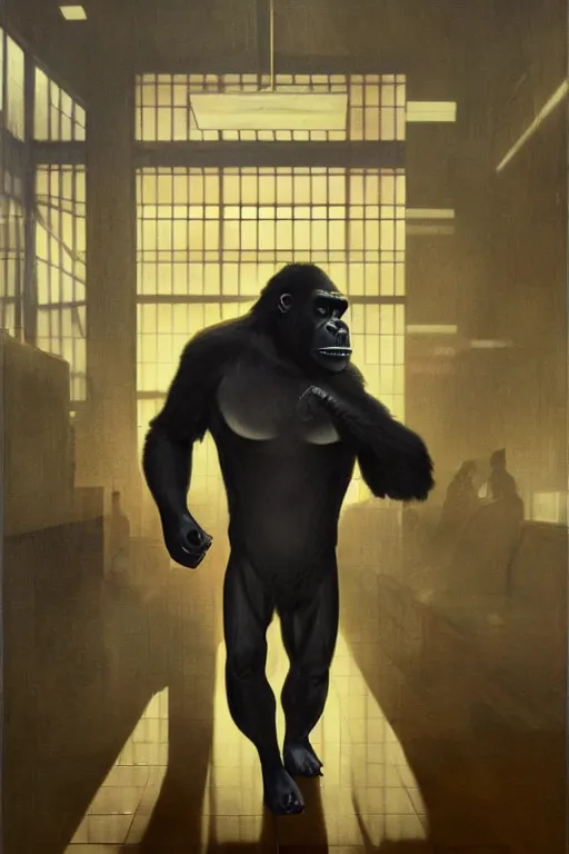 Prompt: gorilla grodd dressed in a suit, standing in an office building lobby, dramatic backlighting, autochrome, high contrast, highly detailed, sharp focus, digital painting, concept art, illustration, trending on artstation, art by greg rutkowski and greg hildebrandt, composition by alphonse mucha