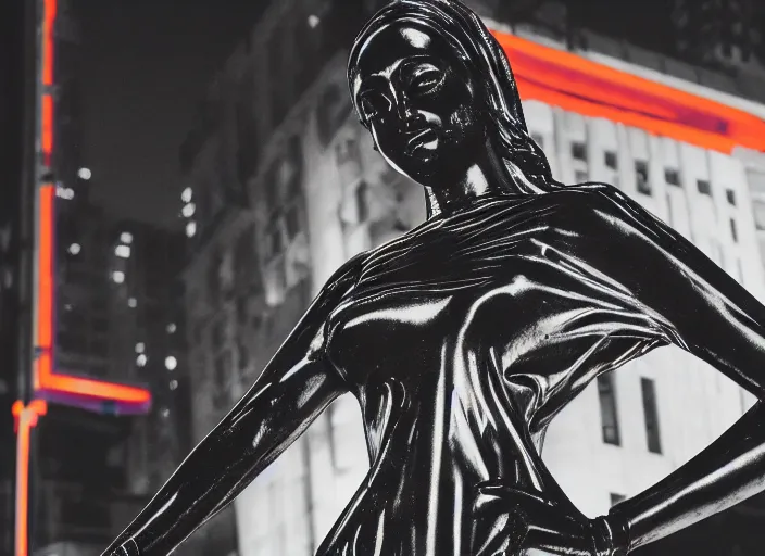 Image similar to night time photo of billboard advertisement of extremely beautiful female black marble statue in the style of virgil abloh, colorful motocross logos behind her, sharp focus, clear, detailed,, cinematic, detailed, off white, glamourous, symmetrical, vogue, editorial, fashion, magazine shoot, glossy