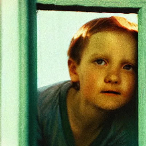 Image similar to Zoomed cropped closeup of unexpected voyeuristic eye contact with neighbor in window, Technicolor, telephoto lens, vintage photograph