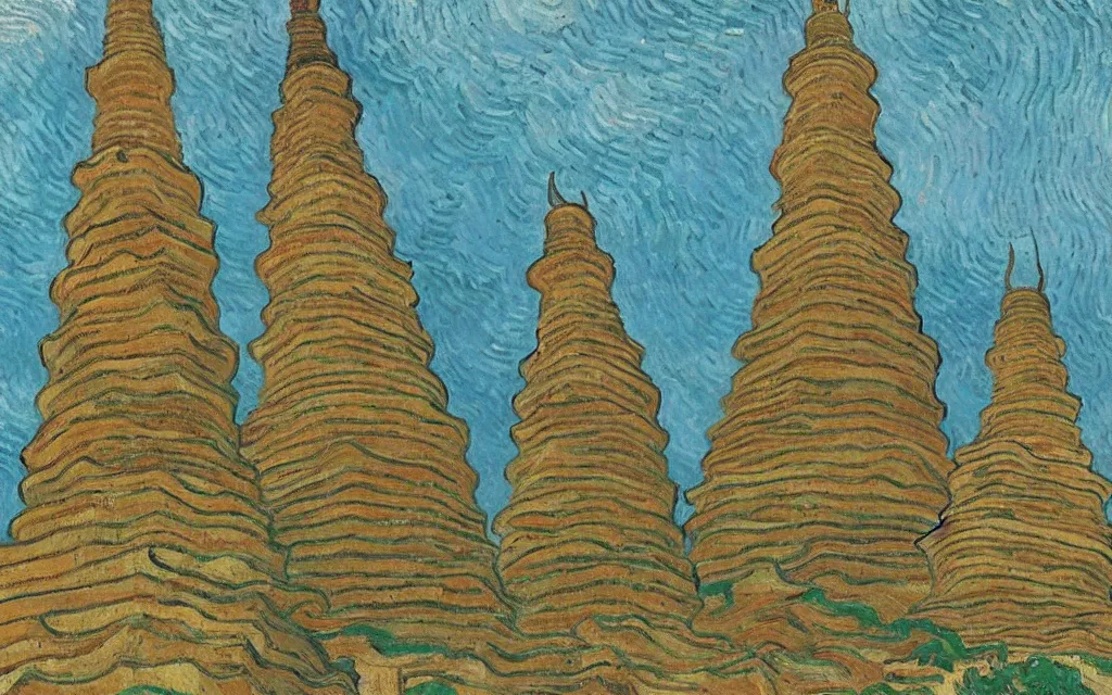 Prompt: twin chinese buddhist pagodas made of stone in a beautiful chinese landscape by vincent van gogh