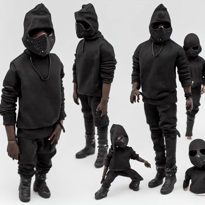 Image similar to kanye west using a black mask with small holes, a black shirt, a black undersize hoodie and black rubber boots, a hot toys figure of kanye west using a black mask with small holes, a black shirt, a black undersize hoodie and black rubber boots, figurine, detailed product photo