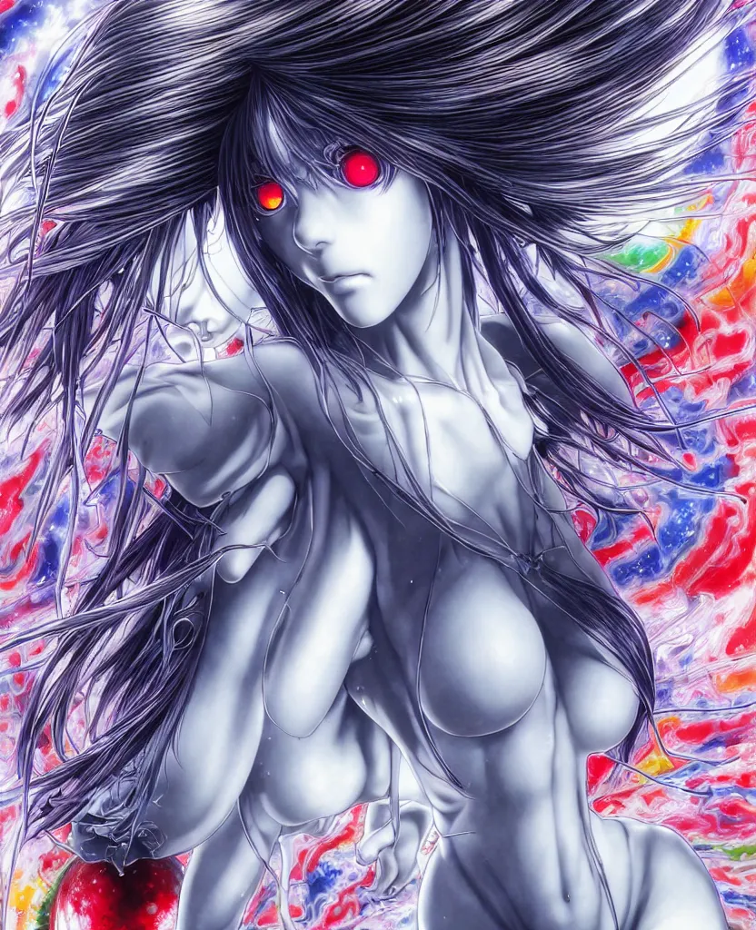 Image similar to realistic detailed image of ultra mega rainbow, realistic detailed female character, rei ayanami, symmetrical, depth perception, masterpiece, depth of field, action horror, gothic, vivid colors. art by yoshitaka amano, by yukito kishiro, by yoshiyuki sadamoto, by artgerm, by hajime sorayama