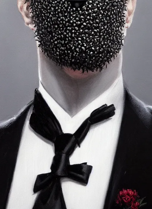 Image similar to a black tuxedo suit with a tie, a flowery bush growing out of the neck hole, intricate, highly detailed, concept art, hyperrealistic, oil painting by greg staples, 8 k