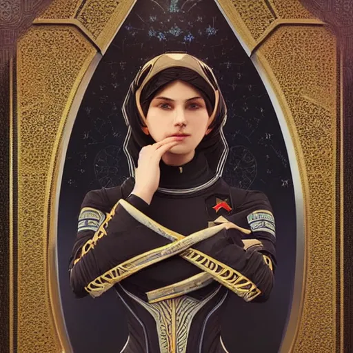 Image similar to islamic pattern, starfleet uniform, undersea, intricate, elegant, highly detailed, digital painting, artstation, concept art, smooth, sharp focus, illustration, art by artgerm and greg rutkowski and alphonse mucha and william - adolphe bouguereau