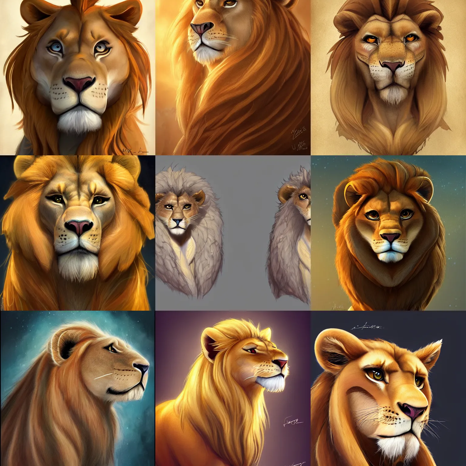 Prompt: beautiful tlk portrait character design of an egyptian lion. deviantart adoptable, style of maple story and zootopia, portrait studio lighting by jessica rossier and brian froud in the style of disney, traditional