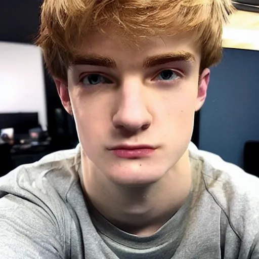 Image similar to “a realistic detailed photo of a guy who is an attractive humanoid who is half robot and half humanoid, who is a male android, twitch streamer Ninja Tyler Blevins, shiny skin, posing like a statue, blank stare, living room, display”