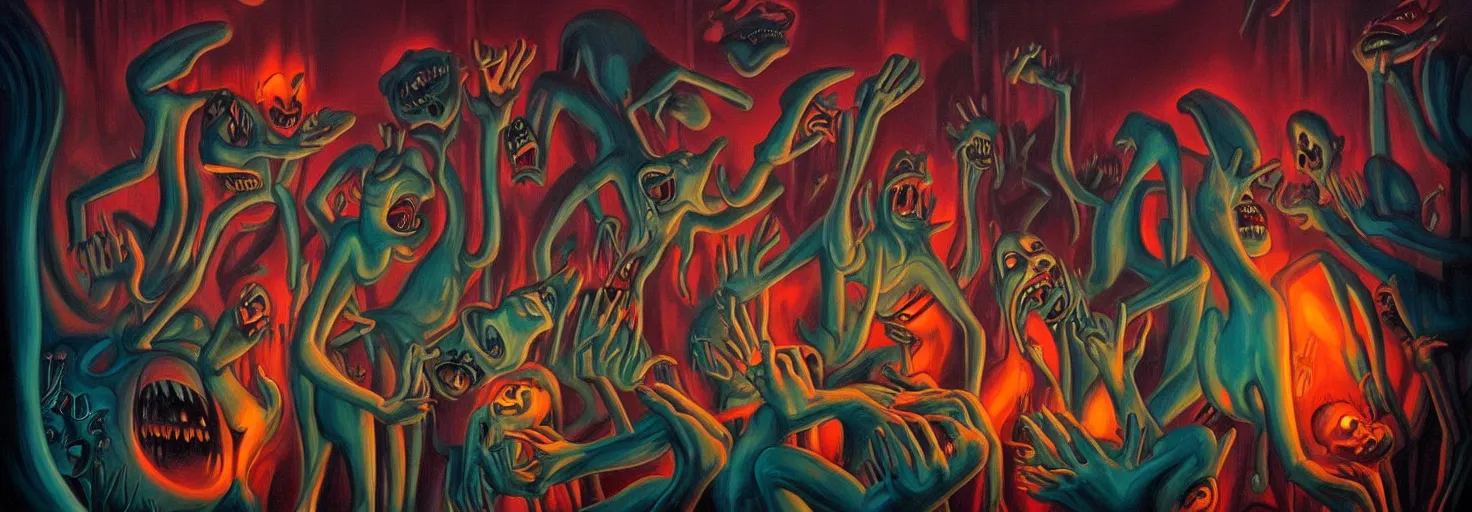 Image similar to visceral freaky obsessive monsters from the darkest depths of collective unconscious, dramatic glowing lighting, 1 9 3 0 s fleischer cartoon characters, wild emotional expressions - surreal painting by ronny khalil