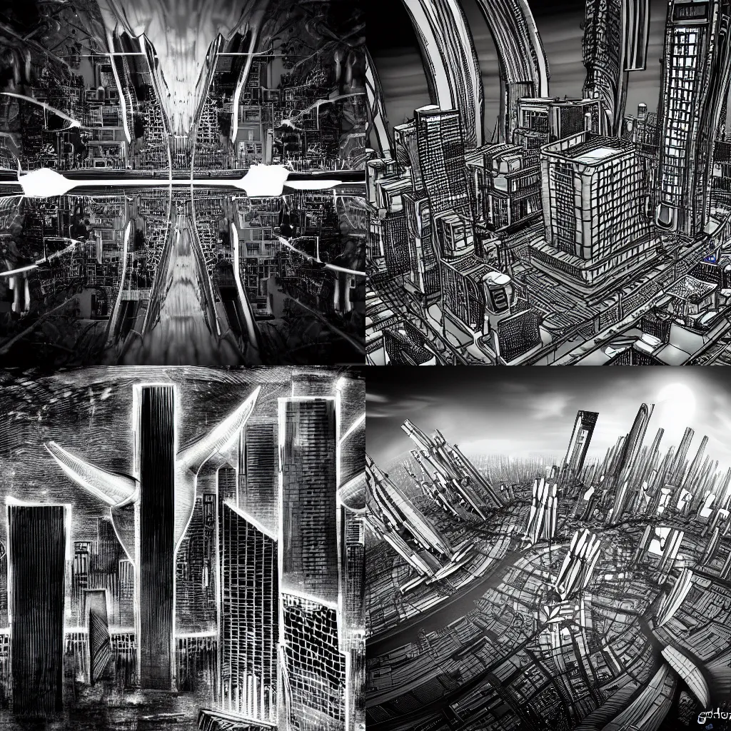 Prompt: futuristic city, by Gianluca Lerici Professor Bad Trip, b&w