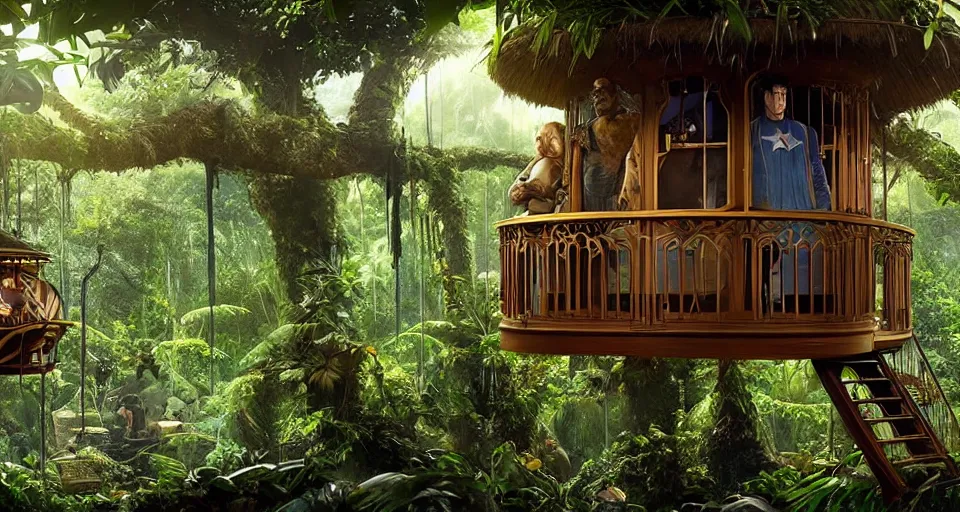 Image similar to A scene from a 2022 Marvel film featuring a cozy art nouveau reading nook in a jungle treehouse. 8K UHD.