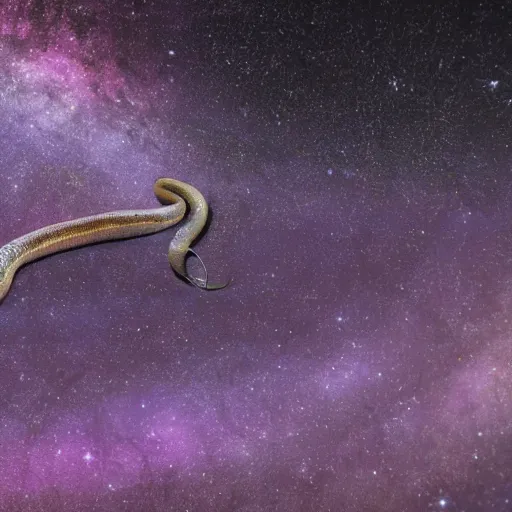 Prompt: a full shot of giant leucistic texas rat snake floating in the milky way sourronded with gemstones, unreal engine 5