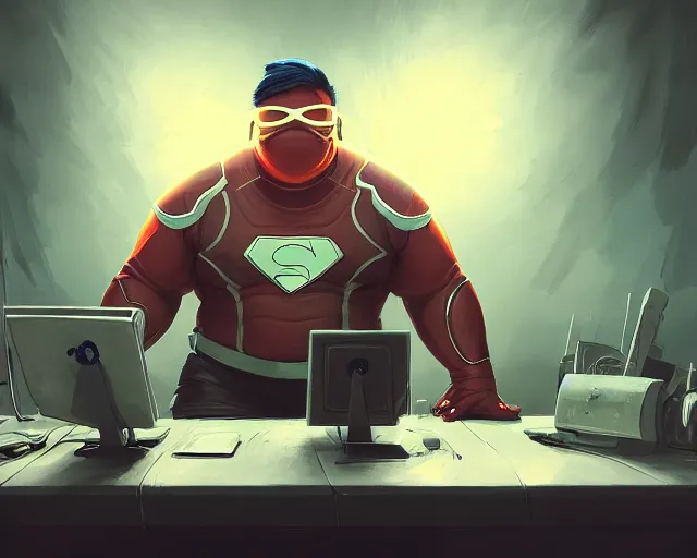 Image similar to an insanely detailed painting of a slightly chubby, nerdy asian man wearing a superhero costume and mask, sitting at a desk, staring at the nervously at the computer and typing, in the style of peter mohrbacher, dramatic lighting and composition, octane render, trending on artstation, concept art, comic book, view from behind