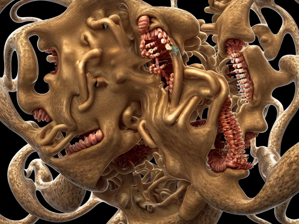 Prompt: human eating yourself ], neo surrealism, art by ernst haeckel and daniel martin diaz and mc escher, 8 k, unreal engine render