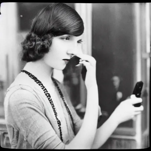 Prompt: vintage photo of a modern girl in the 1920s taking a selfie with an iPhone, 35mm film