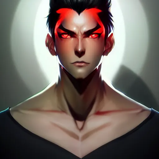 Image similar to anime portrait of a slick black hair guy with red eyes by stanley artgerm lau, wlop, rossdraws, james jean, andrei riabovitchev, marc simonetti, and sakimichan, trending on artstation