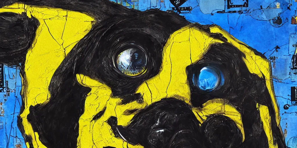 Image similar to rendered in blender scary dog on wired, yellow, blue and black, collage paper and tape, acrylic on canvas, hyperrealism mixed with expressionism, high resolution, cinematic, unreal 6, breathtaking detailed, by blake neubert