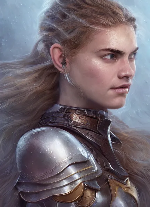 Prompt: portrait of cara delevinge as a legendary knight warrior, au naturel, hyper detailed, digital art, trending in artstation, cinematic lighting, studio quality, smooth render, unreal engine 5 rendered, octane rendered, art style by klimt and nixeu and ian sprigger and wlop and krenz cushart.