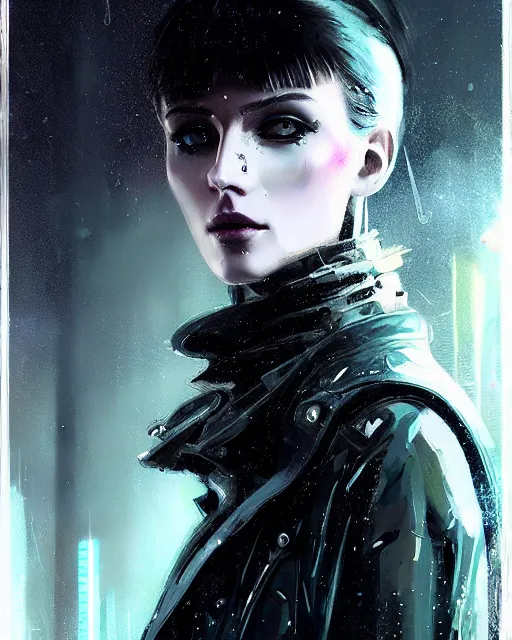 Prompt: detailed European Pretty Young Girl Storm Rain bladerunner movie Jacket coat, Futuristic sci-fi fashion, royal attire, low-emission-neon by ismail inceoglu dragan bibin hans thoma greg rutkowski Alexandros Pyromallis Nekro Rene Margitte illustrated Perfect face, fine details, realistic shaded, fine-face, pretty face