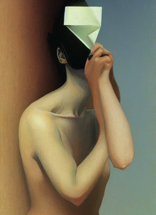 Prompt: closeup of woman with a paper bag over the head Edward Hopper and James Gilleard, Zdzislaw Beksinski, highly detailed