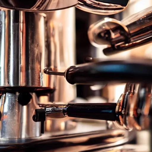 Image similar to close up realistic detailed photo of a fancy espresso machine in a cozy coffee shop, hdr, depth of field, chrome, reflections, volumetric lighting, copper, black, overcast, diffuse light