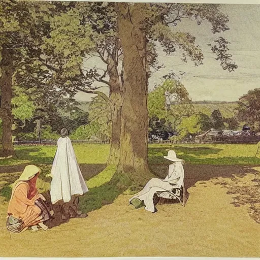 Image similar to Print. Conceptual art, the warm, golden light of the sun casts a beautiful glow on the scene, and the gentle breeze ruffles the leaves of the trees. The figures in the conceptual art are engaged in a simple activity, the way they are positioned and the expressions on their faces suggest a deep connection. Peace and contentment, idyllic setting. by Walter Langley evocative, subtle