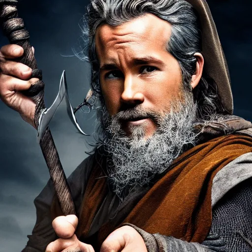 Image similar to Ryan Reynolds as Gandalf the wizard, highly detailed, high quality, HD, 4k, 8k, Canon 300mm, professional photographer, 40mp, lifelike, top-rated, award winning, realistic, sharp, no blur, edited, corrected, trending