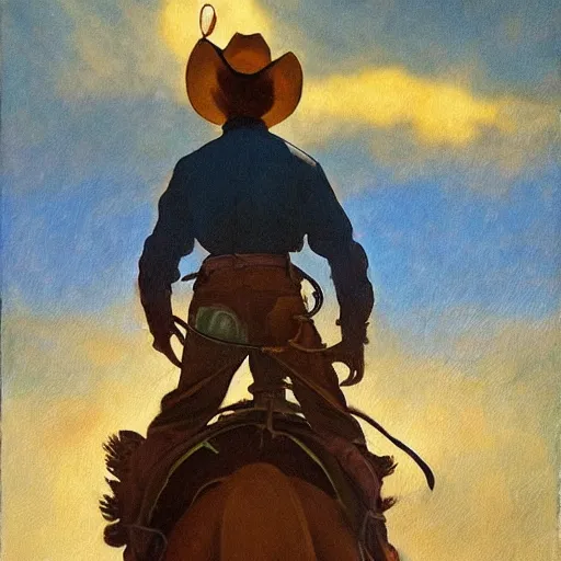 Image similar to a painting of a cowboy riding a dinosaur in the style of n. c. wyeth and in the style of james gurney.