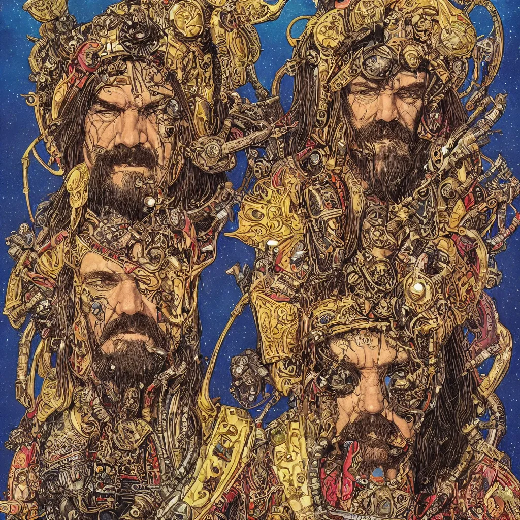 Image similar to A dramatic full-color art nouveau and tribal viking styled bust panorama portrait of lemmy kilmister as a spacepunk god-king of the universe, hyperdetailed mixed media artwork combining the styles of Travis Charest, Michael Whelan, Bill Sienkiewicz, Duncan Fegredo, Simon Bisley, Alphons Mucha, Dave McKean and Karol Bak, vast power, stoicism, pessimism, confident shaded eyes, tarnished and rusted metal, wrought iron architecture, perfectly symmetrical facial features, 8k, deeply hyperdetailed, cinematic lighting, realistic mechanical details, 8k, UHD, HDR