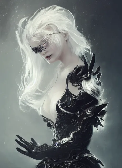 Prompt: a highly detailed illustration of white haired pale lady wearing black blindfold and metal dress, dramatic floating pose, intricate, elegant, highly detailed, centered, digital painting, artstation, concept art, smooth, sharp focus, league of legends concept art, wlop